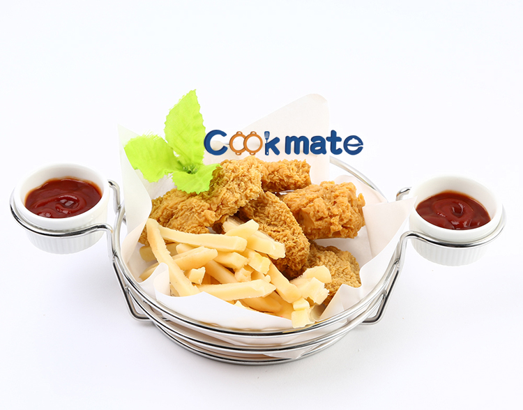 Cookmate smooth and glazed Stainless Steel Fries Serving Tray , Wire Round Bread Basket with 2 Ceramic Sauce Cups
