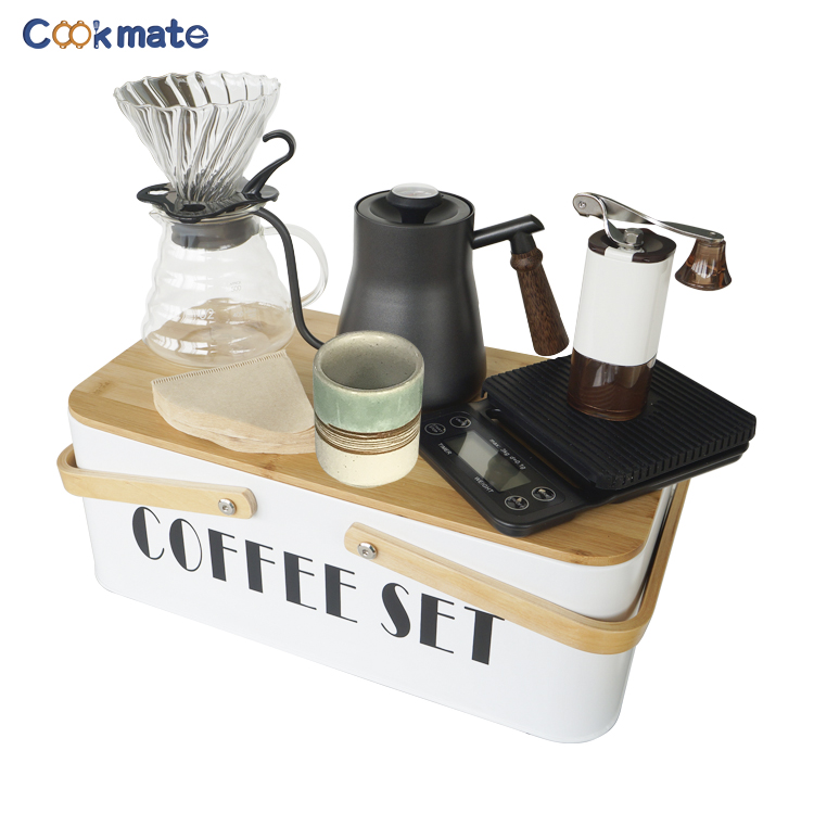 Cookmate Elegant Travel Stainless Steel V60 Dripper Coffee Tools with Bamboo Or Wood Lid And Metal Box For Barista Gift Set 