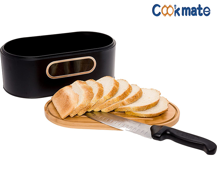 Cookmate Vintage Bamboo Slotted Galvanized Bread Shape Box with Cutting Board Lid Yellow Pink Black Unfinished Black Bin