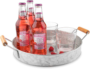 Round Galvanized Metal Party Serving Tray with Wooden Handles
