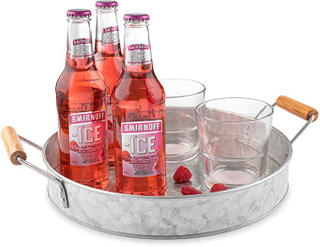 Round Galvanized Metal Party Serving Tray with Wooden Handles