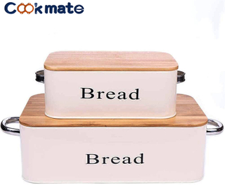 Modern Bread Box Pastries Storage Container with Bamboo Cutting Board Lid Space Saving Bin for Kitchen Counter White