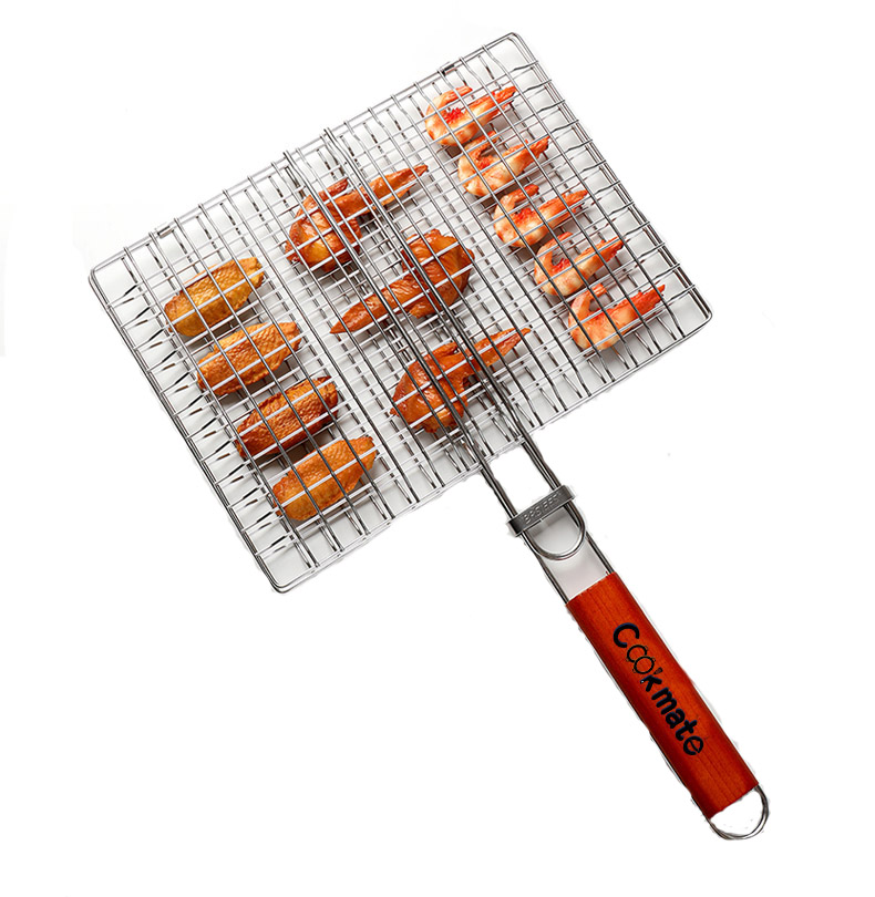 Portable Stainless Steel BBQ Grilling Basket with Removable Handle for Fish and Steak